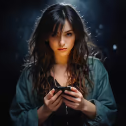 young woman using her cellphone on the dark