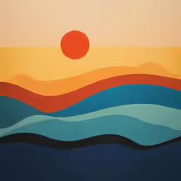 an abstract painting of a sun, ocean and hills