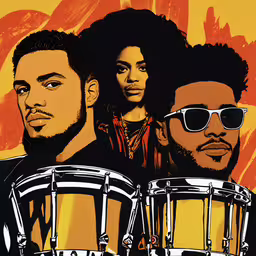 a painting of two men and a woman with drums,two men and one woman with afro hair stand by a set of drums