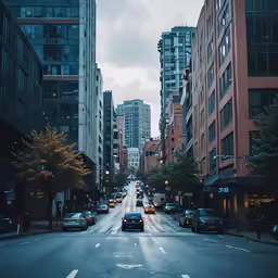 a busy city street with buildings and cars