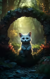 white kitten surrounded by green foliage and rocks in front of an archway that is lit up by sunlight coming through the sky