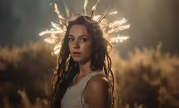 the woman is posing with her hair blowing in the wind