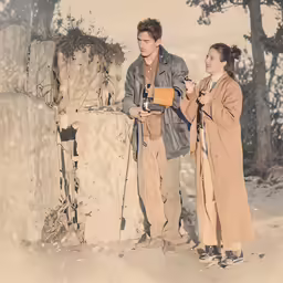 the young man and woman are standing in the snow