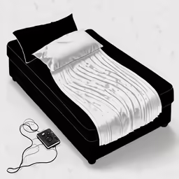 a black and white drawing of a bed with a phone connected to it