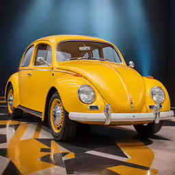 the yellow volkswagen beetle is on display in the museum