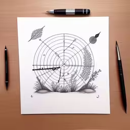 an ink drawing of a plant target on a paper,an illustration of the circle that the leaves are on,a paper with an image of plants is shown,pen on top of paper, showing what the surface looks like,a drawing of a compass on a piece of paper