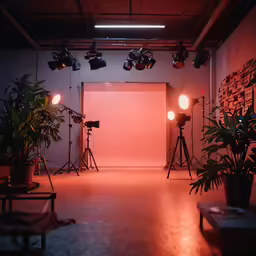 several lights, cameras and pots of plants in an open space