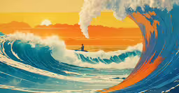 the man is riding the wave in the sunset,the surfer is riding a wave on a surfboard