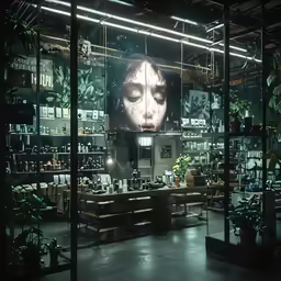 an indoor display with plants and candles in the window