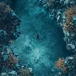 a man swimming in water surrounded by rocks
