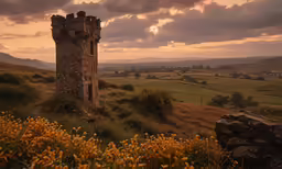 a tall tower in the middle of flowers on a hill