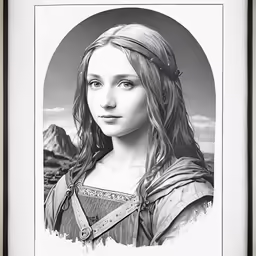 a black and white drawing of a girl with long hair