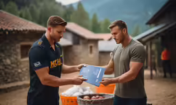 two men holding boxes of food standing outside