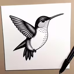 a drawing of a hummingbird on a white sheet,the drawing shows a hummingbird perched on a branch