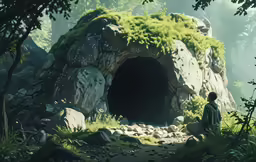 a man that is standing in front of a cave