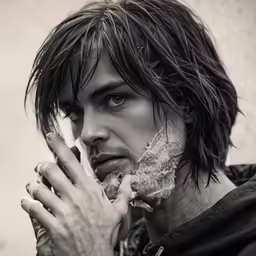 a man holding a piece of pizza in his hand