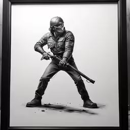 a drawing of a man in uniform and with an m4 mask is in front of a white background