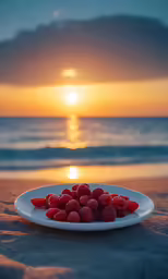 a plate full of raspberries sitting on a sandy beach