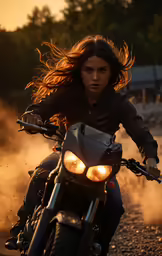 a woman riding on the back of a motorcycle down a dirt road