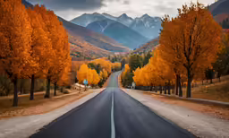 a highway leading into the mountains is empty and lined with autumn colored trees