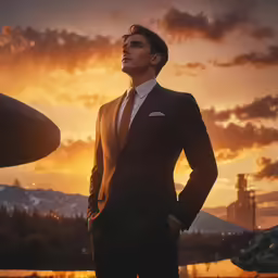 a man is standing in front of a beautiful sunset