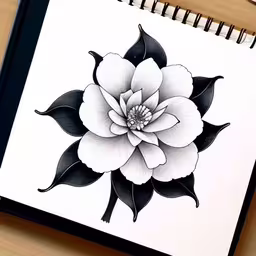 a white flower with black leaves on it