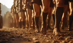 a group of people walking in the dirt