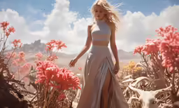 a woman standing in a field with flowers
