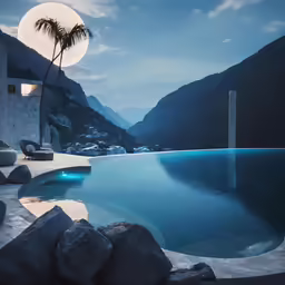 there are some chairs in the water with mountains around them