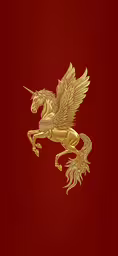 a gold unicorn on red background with its wings spread,a golden unicorn on a red background