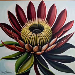 a painting of a large flower with leaves,this is a very colorful painting of a flower