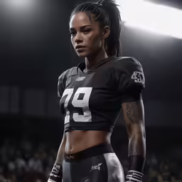 a woman wearing a football uniform on a field