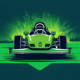 a green race car on fire and water,an art print of a racing car with flames