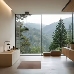 a living room with large glass windows overlooking a mountainside