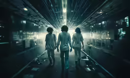 three men are walking down the hallway of a subway