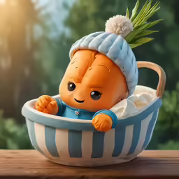 an odd looking doll in a blue and white striped bowl