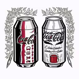 a black and white photo of two coca cola cans with coffee cups,the two cans in this image appear to be coca cola