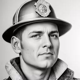 a male fireman wearing a fire hat and jacket