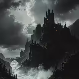 a dark castle on top of a hill surrounded by clouds