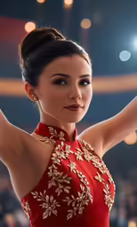 woman in red evening dress dancing with arms up