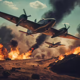two planes flying in the air near large fire