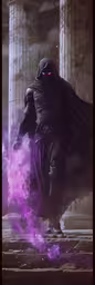 the purple mask is wearing a costume, and the man with purple eyes stands in front of columns,a purple firecram in front of pillars with columns