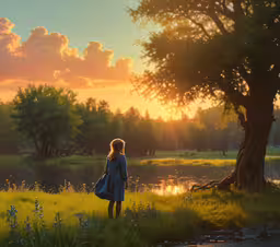girl standing in field staring at a sunset,there is a young girl standing near a pond