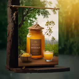 a display in a window on a table is full of honey