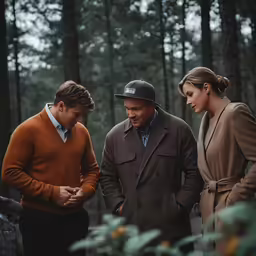 three people in the forest one is looking at something