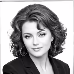a woman wearing earrings poses for a black and white photograph