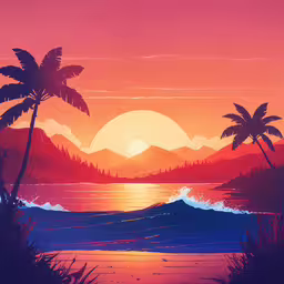a sunset with palm trees and waves in the water,sunset with palm trees and water