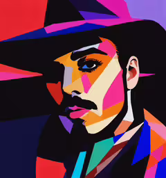a close up photo of a person with a hat,a painting of a man with his face obscured by geometric lines