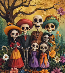 a family is wearing skeleton like hats