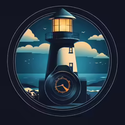a clock that is on a lighthouse near water
